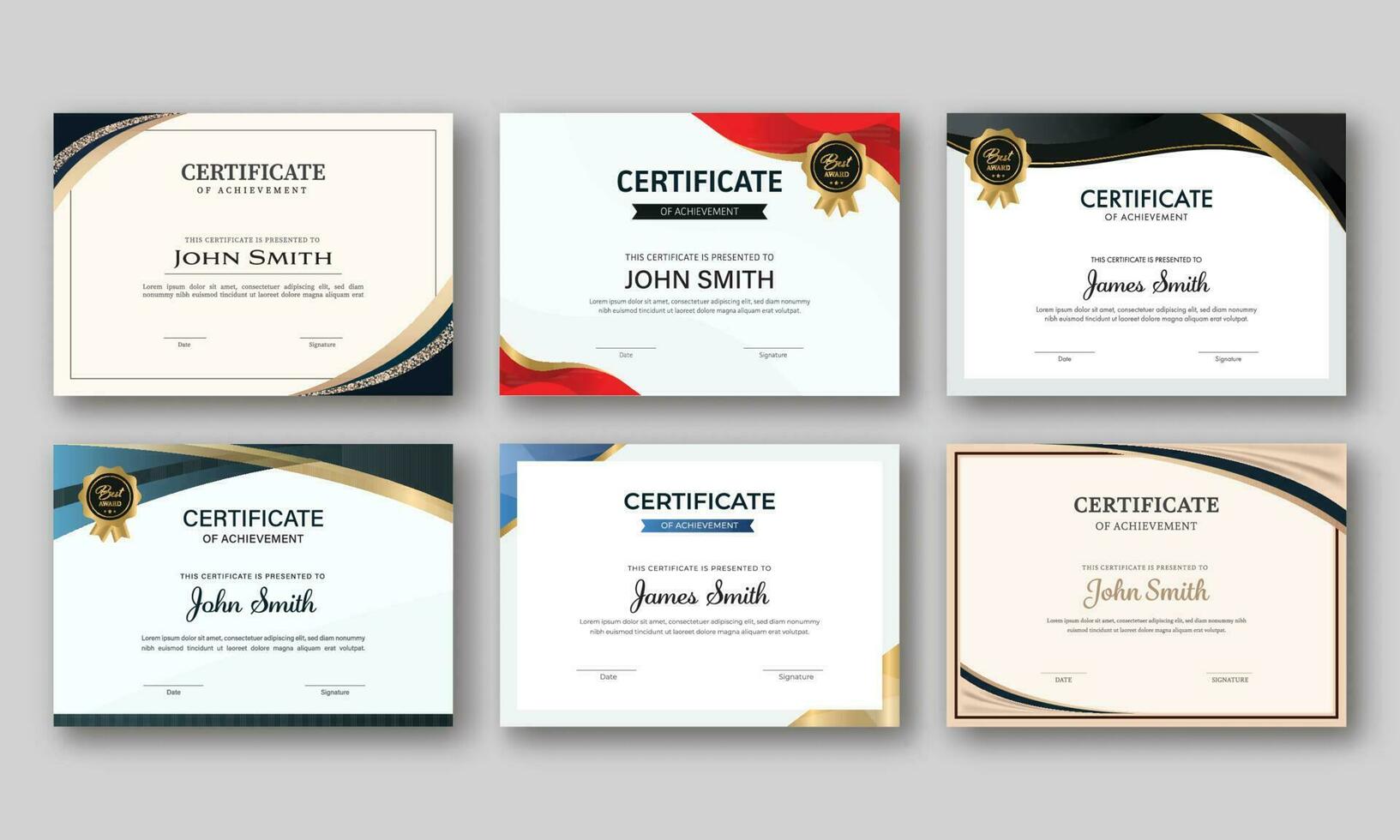 Certificate Of Achievement Template Layout In Six Options. vector