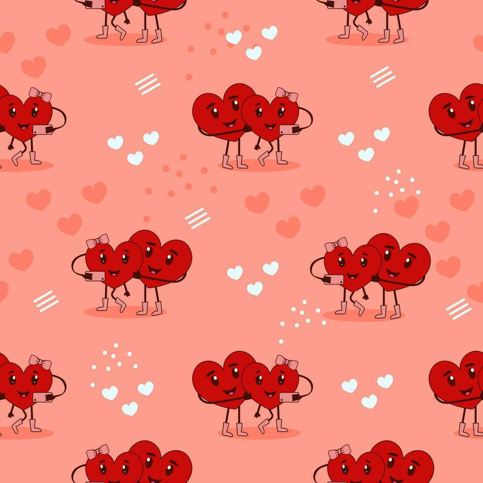 Cartoon Heart Couple Pattern On Red Background. vector