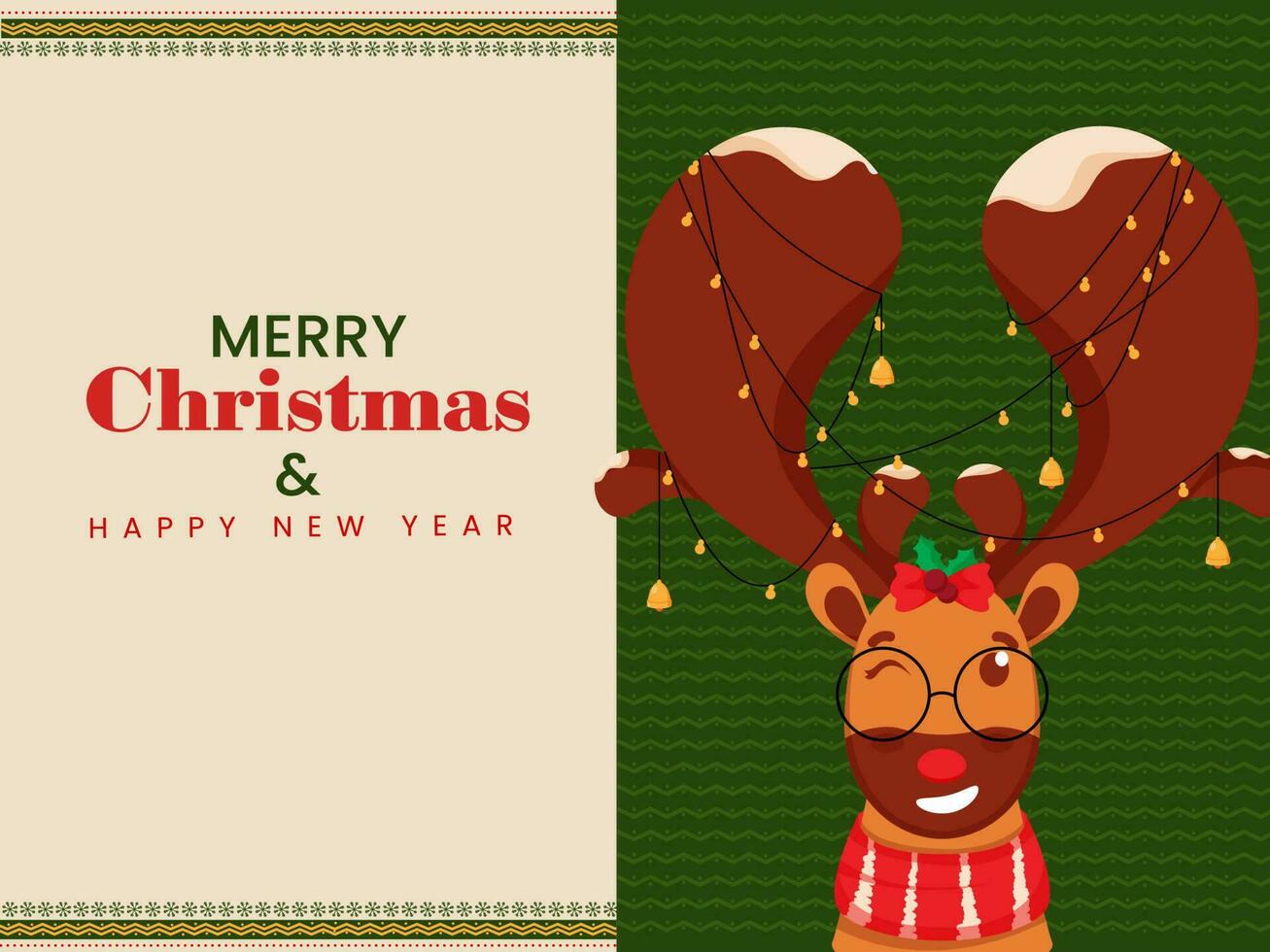 Merry Christmas And New Year Celebration Greeting Card With Reindeer Face Character. vector