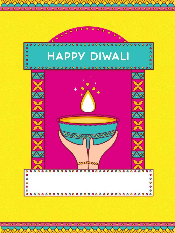 Happy Diwali Celebration Concept With Hands Holding Lit Oil Lamp And Copy Space On Pink And Yellow Background. vector