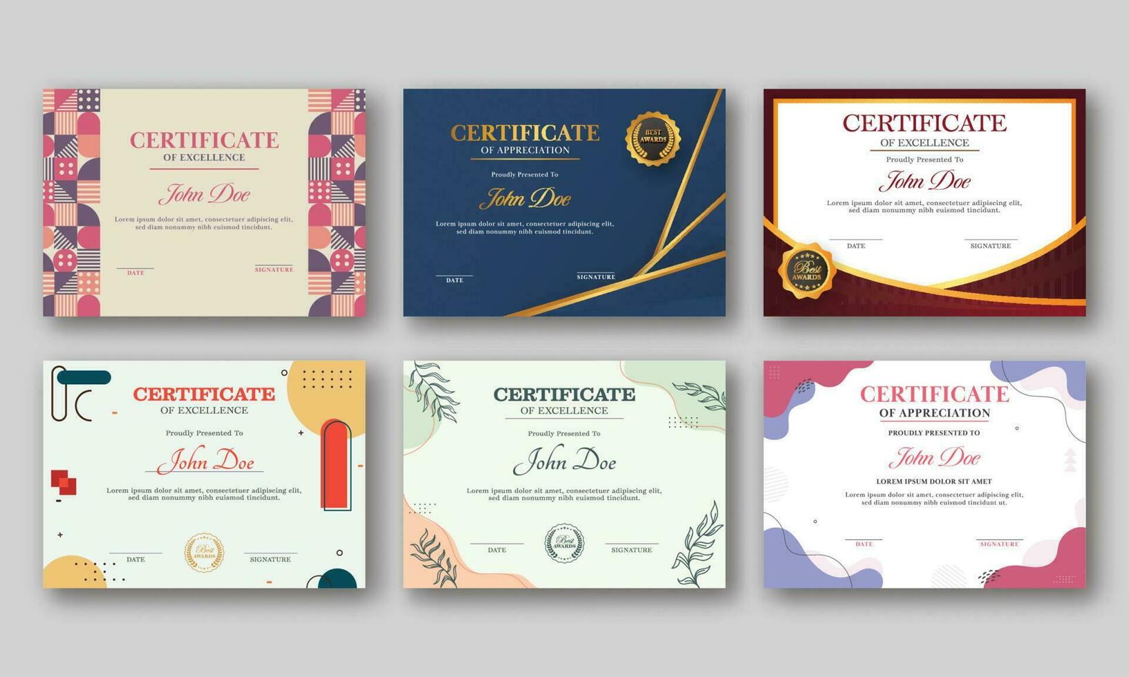 Appreciation And Excellence Certificate Template Design In Six Options. vector