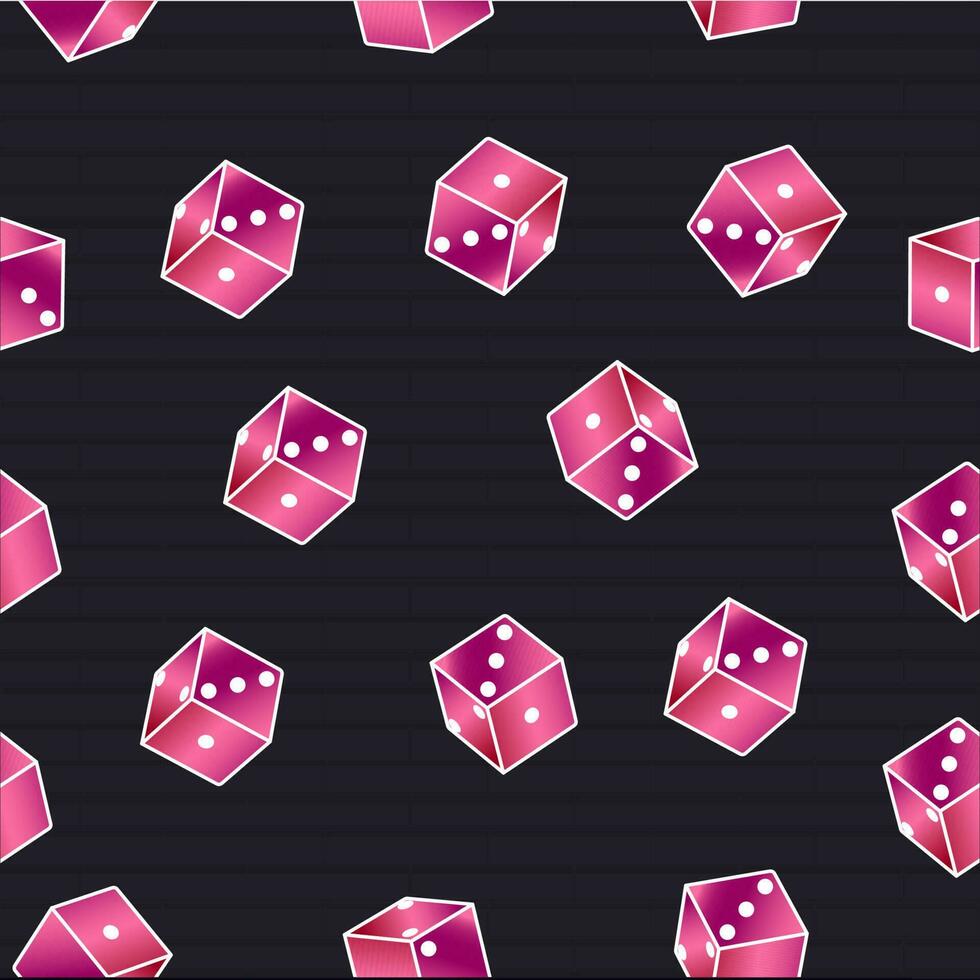 Seamless Pink Dices Pattern On Black Brick Wall Background. vector