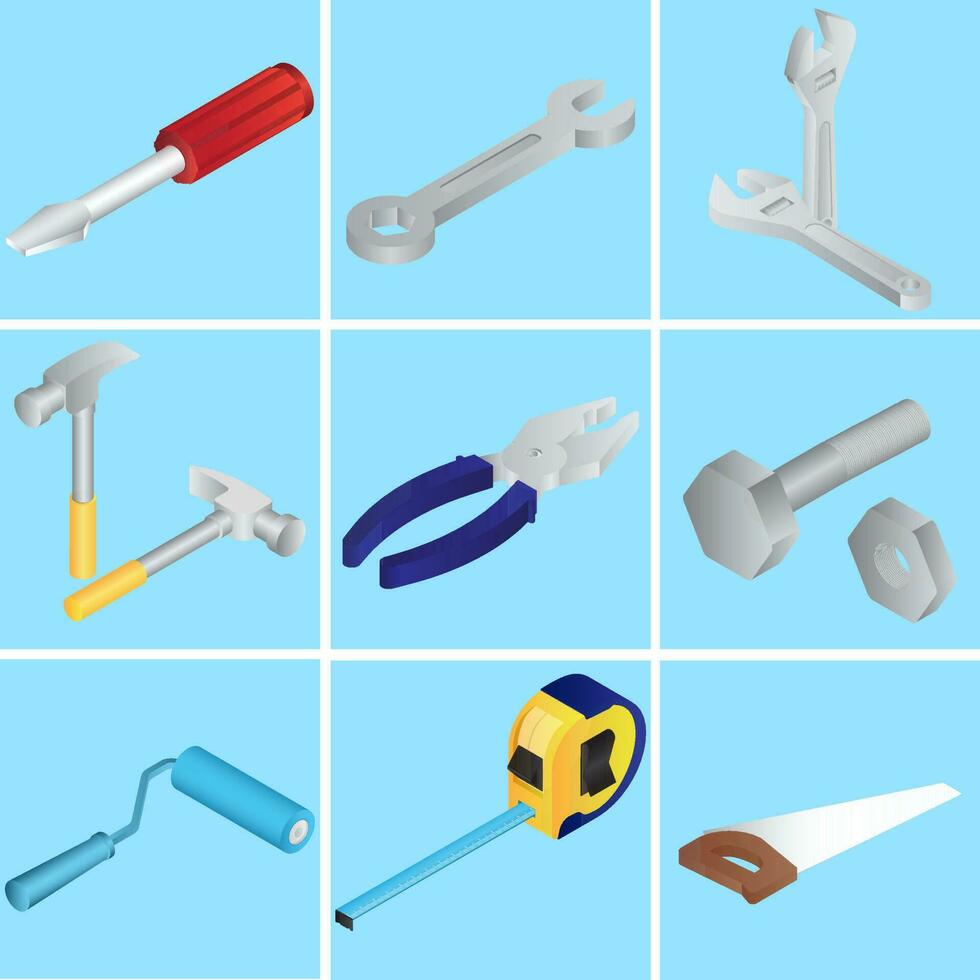 Collection of repairing tools or objects on blue background. vector