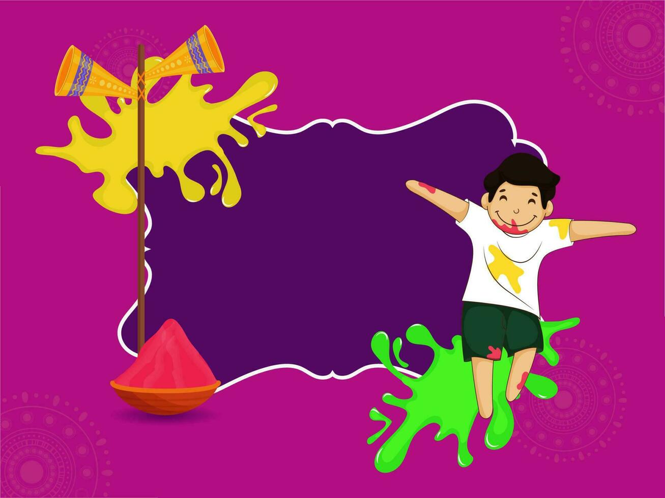 Illustration Of Cartoon Boy Character With Powder In Bowl, Loudspeaker And Given Space For Text On Magenta Background. vector