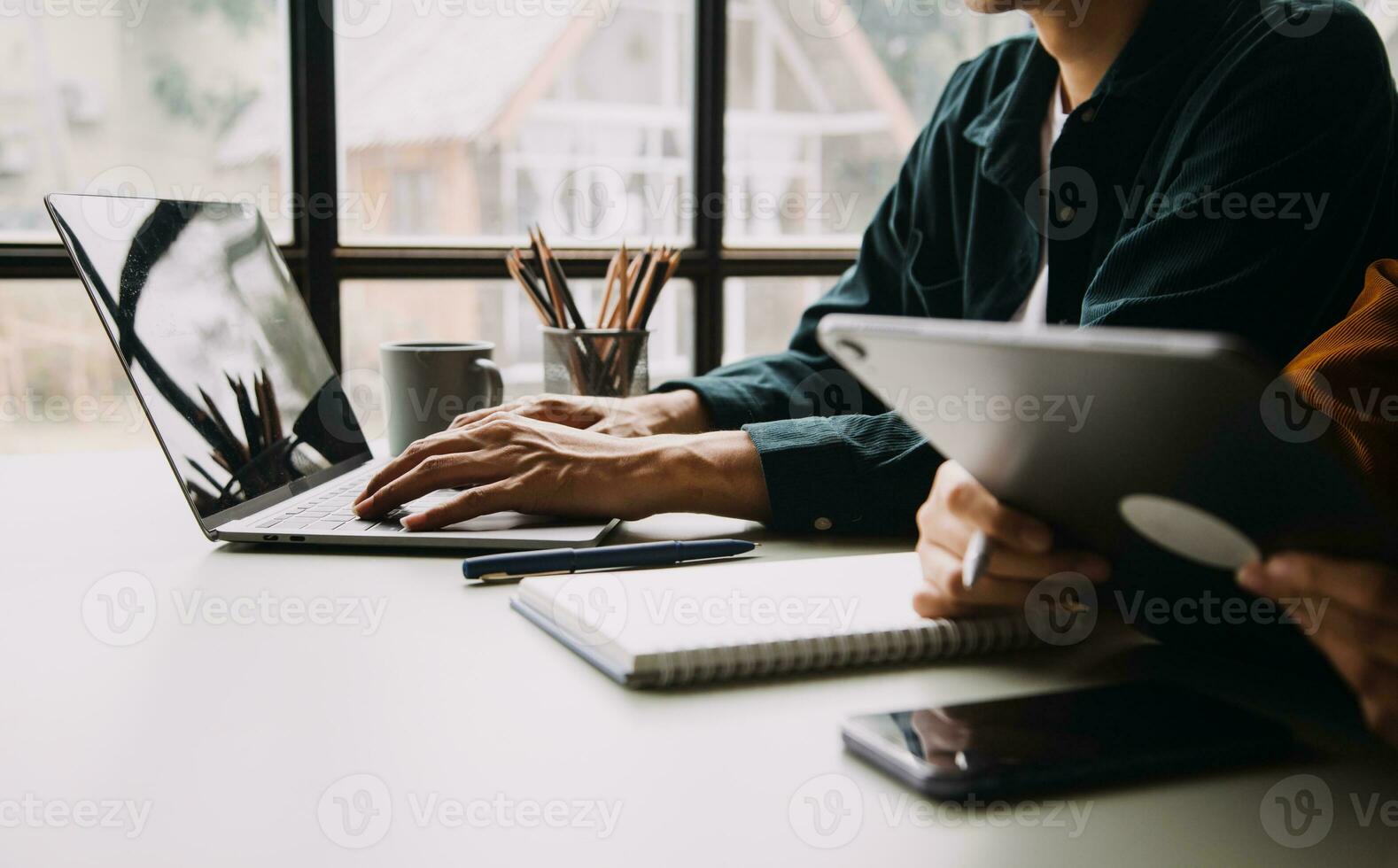 Financial Business team present. Business man hands hold documents with financial statistic stock photo, discussion, and analysis report data the charts and graphs. Finance Financial concept photo