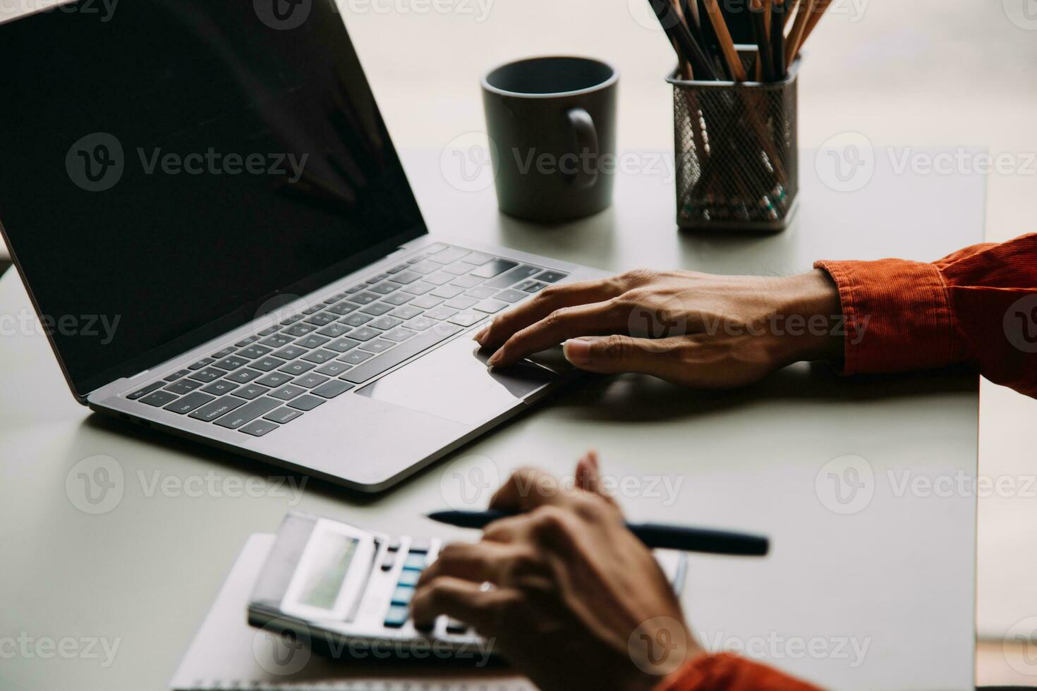 Financial Business team present. Business man hands hold documents with financial statistic stock photo, discussion, and analysis report data the charts and graphs. Finance Financial concept photo