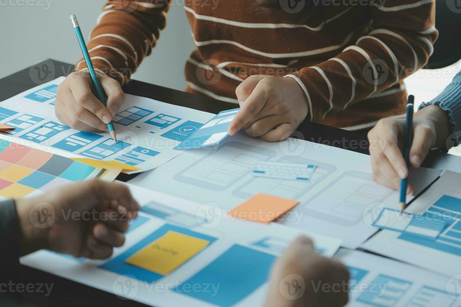 ux Graphic designer creative sketch planning application process development prototype wireframe for web mobile phone . User experience concept. photo