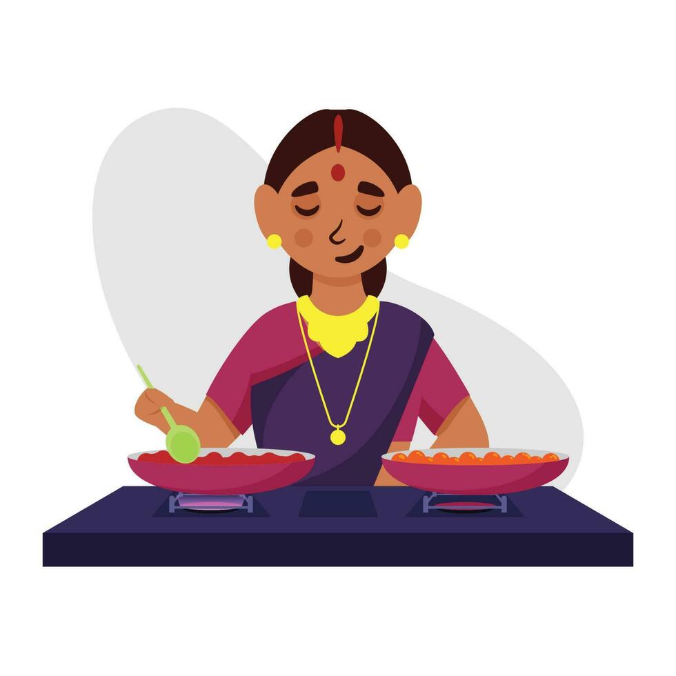 Illustration Of Indian Woman Cooking At Kitchen On White Background. vector