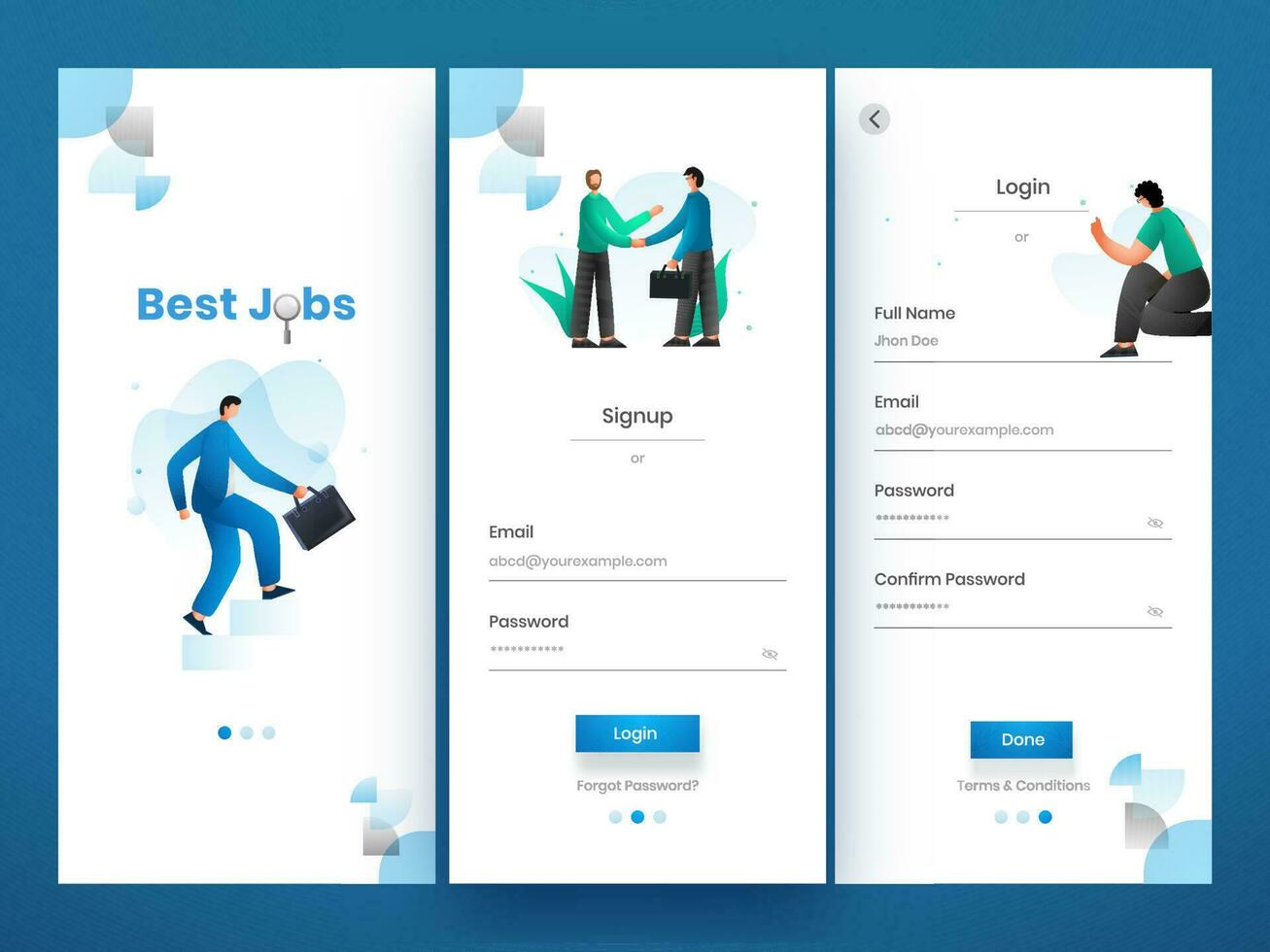 Set Of UI, UX, GUI Screens Best Jobs App Template Including Login, Create Account And Sign Up For Mobile Application, Responsive Website. vector