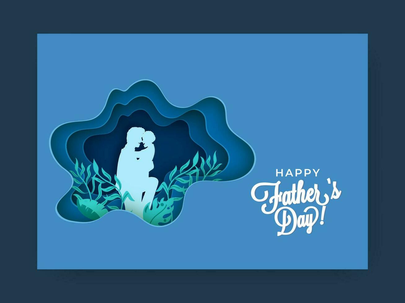 Blue Paper Layer Cut Background Decorated With Leaves And Silhouette Man Hugging His Child For Happy Father's Day. vector