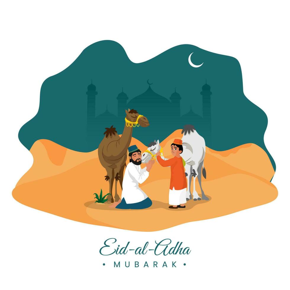 Father And Sons Caressing Camel Before Sacrifice Ritual On Desert Night Time Background For Eid-Al-Adha Mubarak Concept. vector