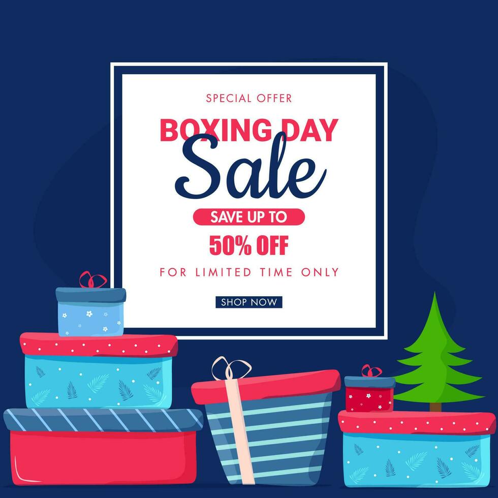 Boxing Day Sale poster design with discount offer, xmas tree and gift boxes on blue background for Advertising concept. vector