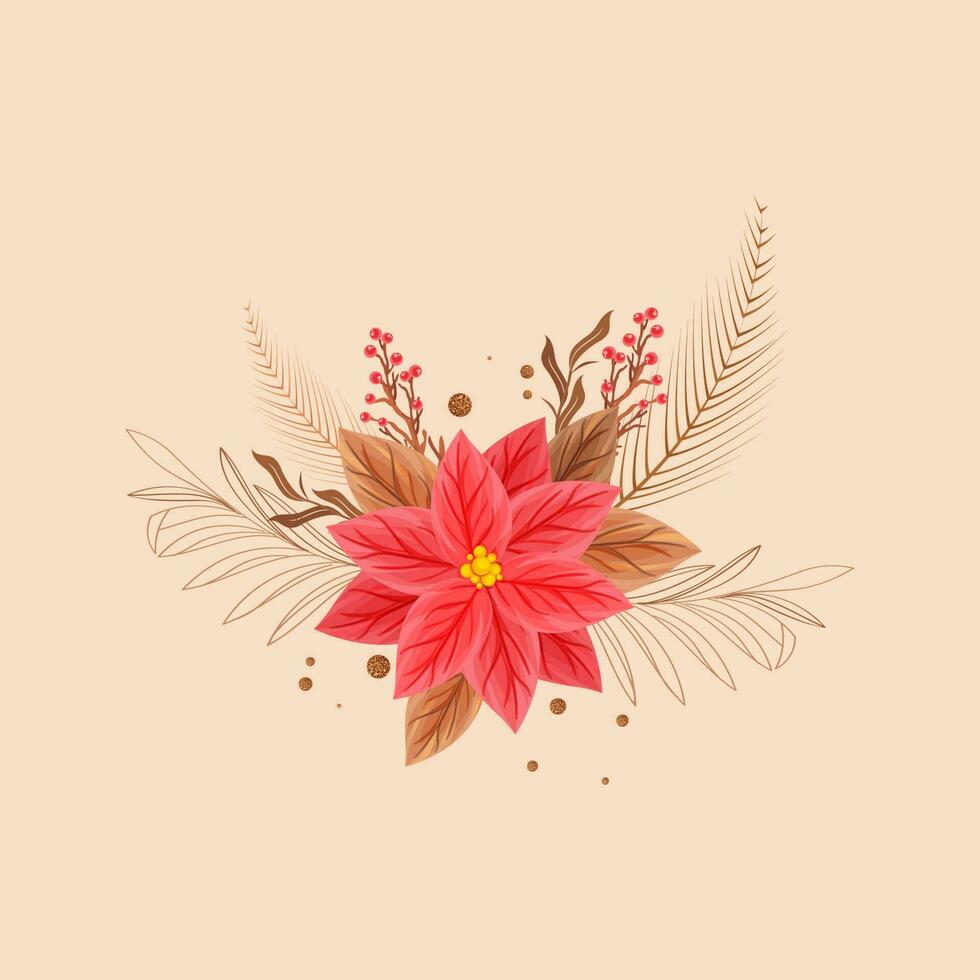 Poinsettia Flower With Leaves, Berries On Peach Background. vector