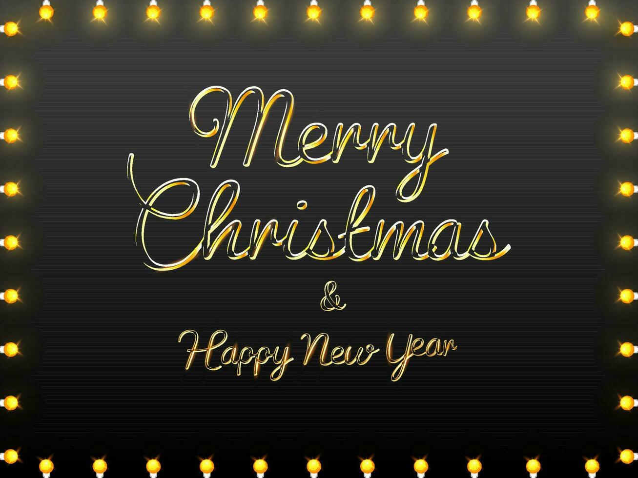 Golden Merry Christmas And Happy New Year Font And Illuminated Light Bulb Decorative Border On Black Background. vector