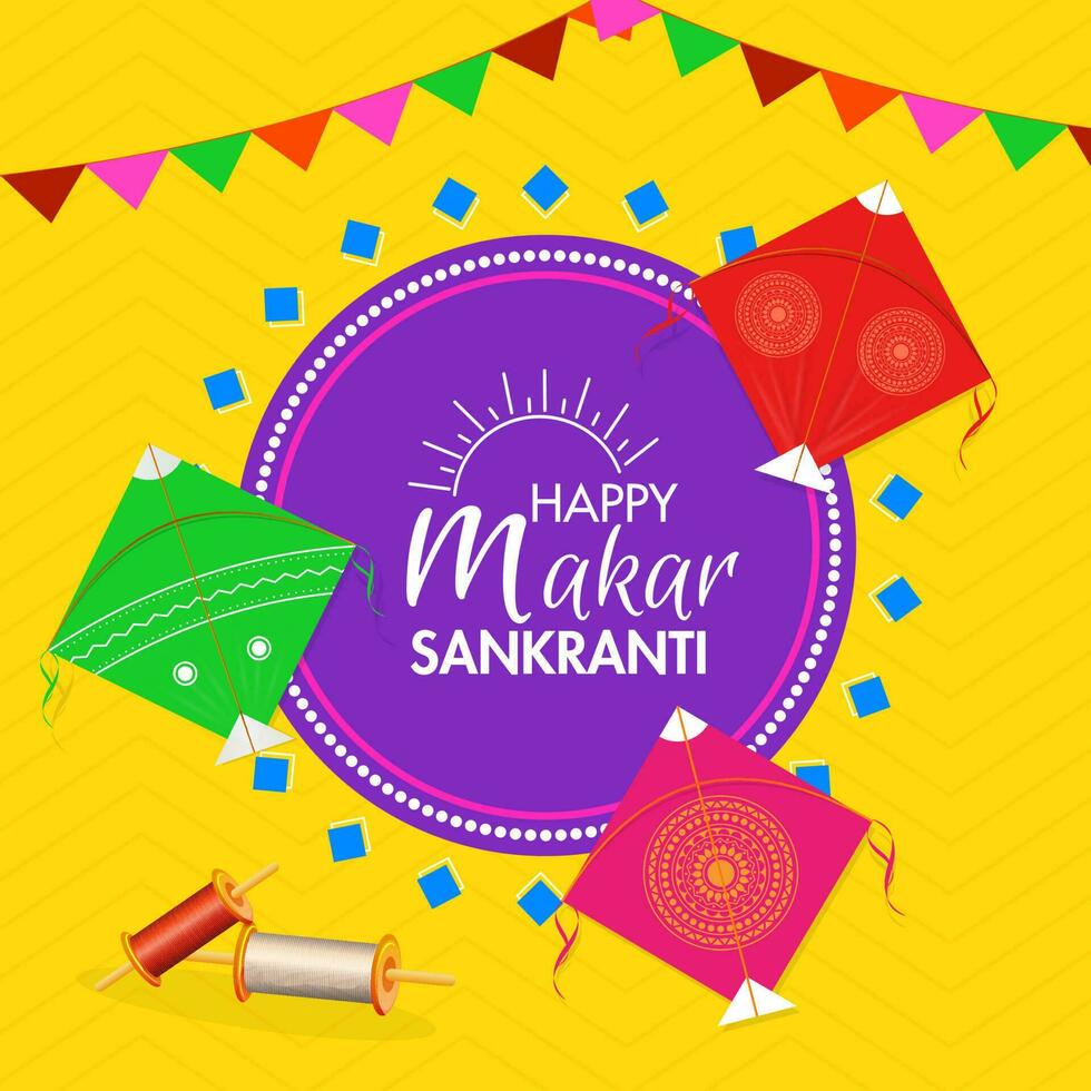 Happy Makar Sankranti greeting card design decorated with colorful kite, string spool and bunting flags on yellow wavy striped background. vector