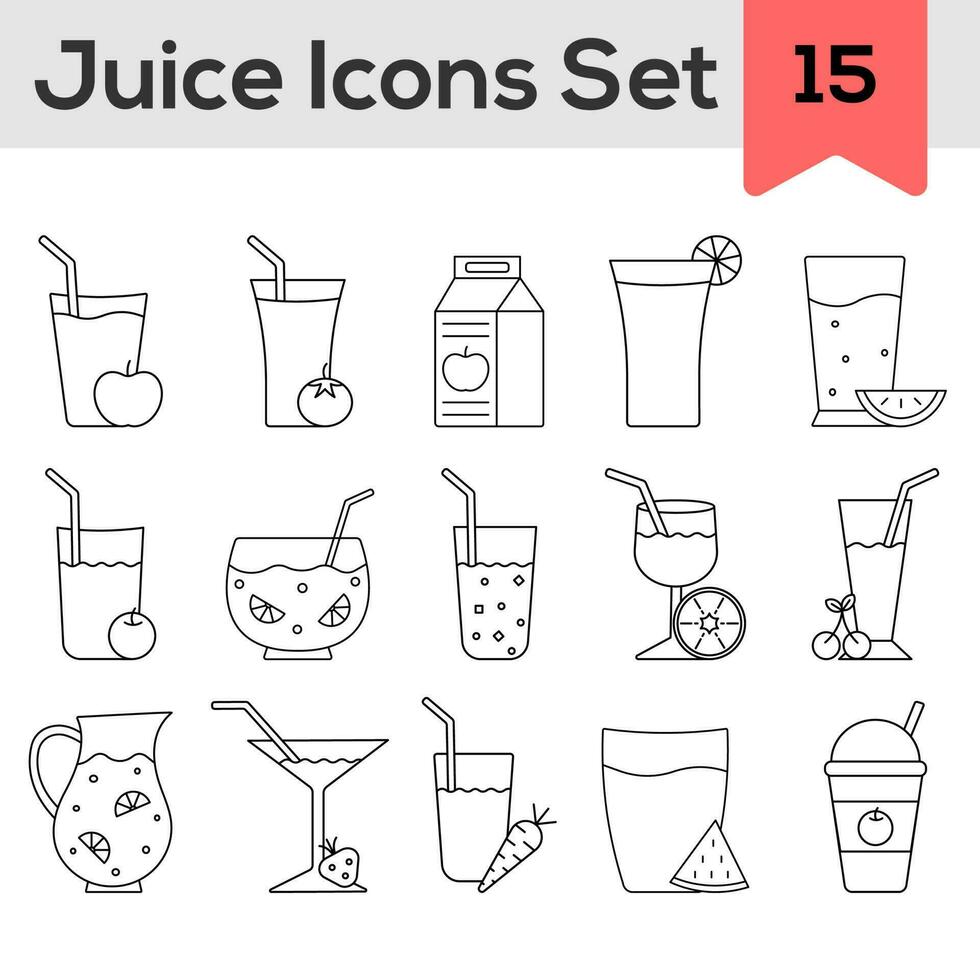 Black Line Art Juice Icon Set In Flat Style. vector