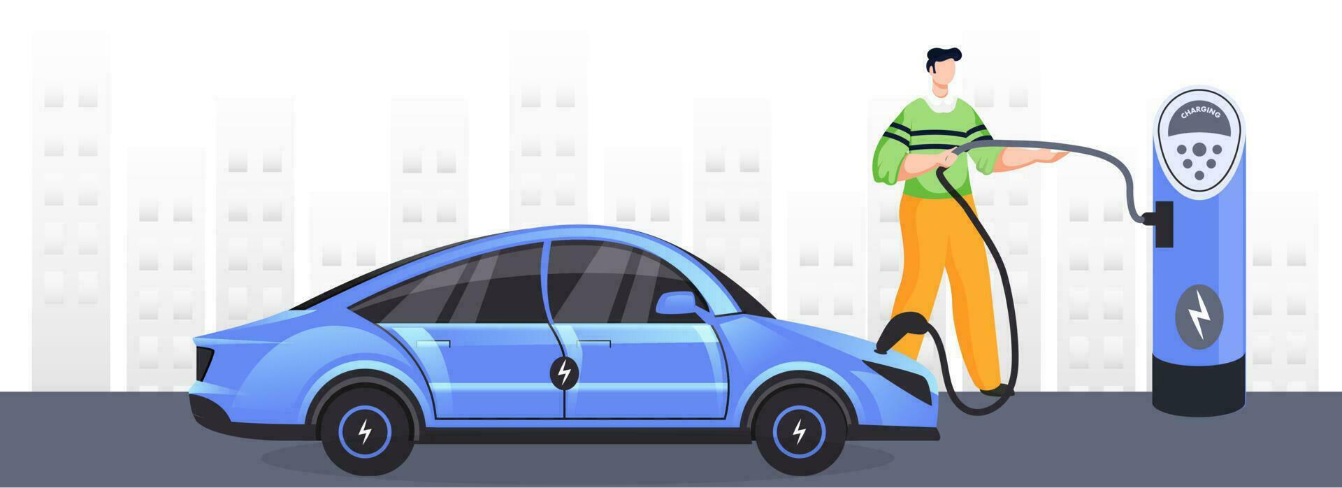 ilustración de hombre cargando eléctrico coche a poder estación en ciudad ver antecedentes. encabezamiento o bandera diseño. vector