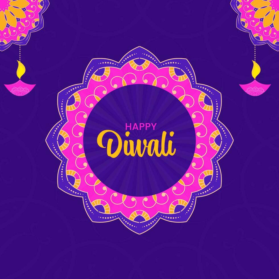 Happy Diwali Concept With Lit Oil Lamps Hang And Floral Pattern On Purple Background. vector
