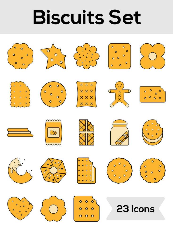 Set of Biscuits And Cookies Icon In Yellow Color. vector