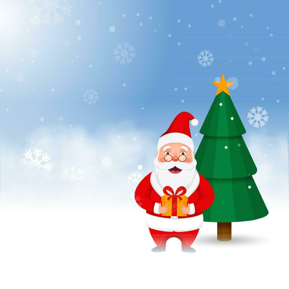 Cute Santa Claus Holding A Gift Box Near Paper Style Xmas Tree On Blue Falling Snow Background. vector