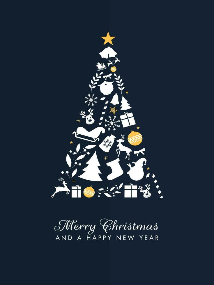 Flat style Xmas tree made by festival elements on blue background for Merry Christmas and Happy New Year celebration template design. vector