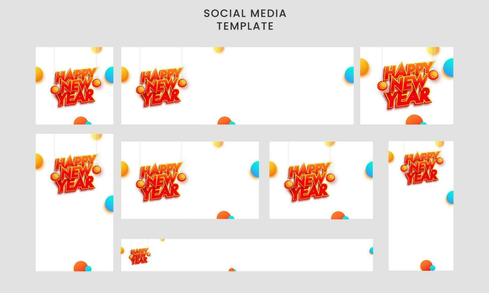 Set Of Social Media Template And Header Layout With Sticker Style Happy New Year Font And Baubles Hang On White Background. vector