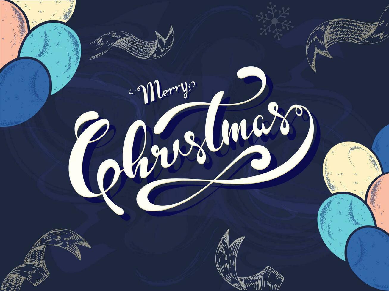Calligraphy text Merry Christmas with colorful balloons and sketching wavy ribbon on blue paint swirl background. vector
