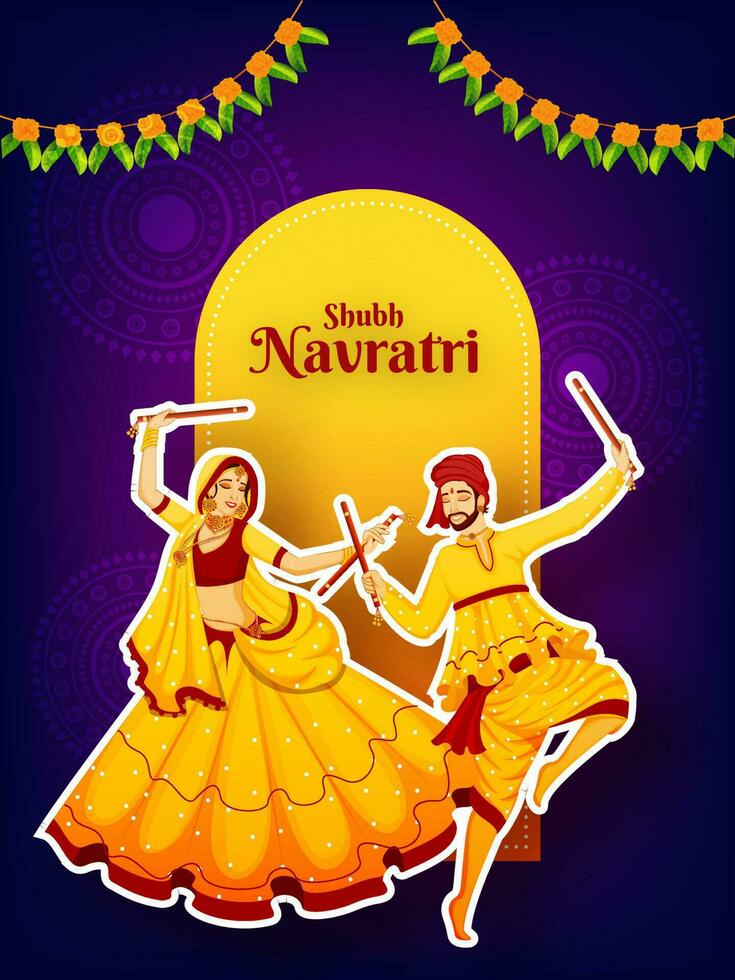 pegatina estilo personaje de Pareja bailando con dandiya palo en púrpura mandala flores antecedentes para shubh navratri festival celebracion póster o tarjeta diseño. vector