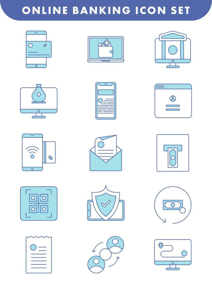 Flat Style Online Banking Icon Set In Blue And White Color. vector