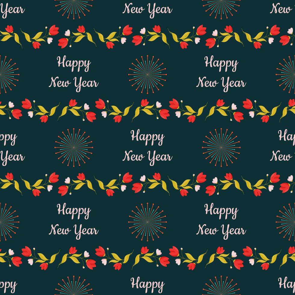 Seamless Pattern Of Happy New Year Font With Floral On Fireworks Teal Background. vector
