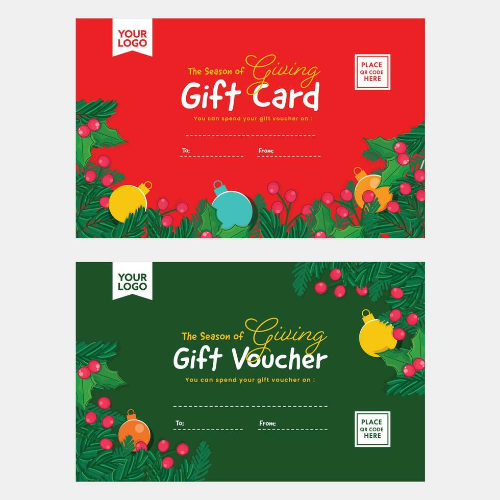 Season Gift Voucher Decorated With Baubles, Holly Berries In Red And Green Color Options. vector
