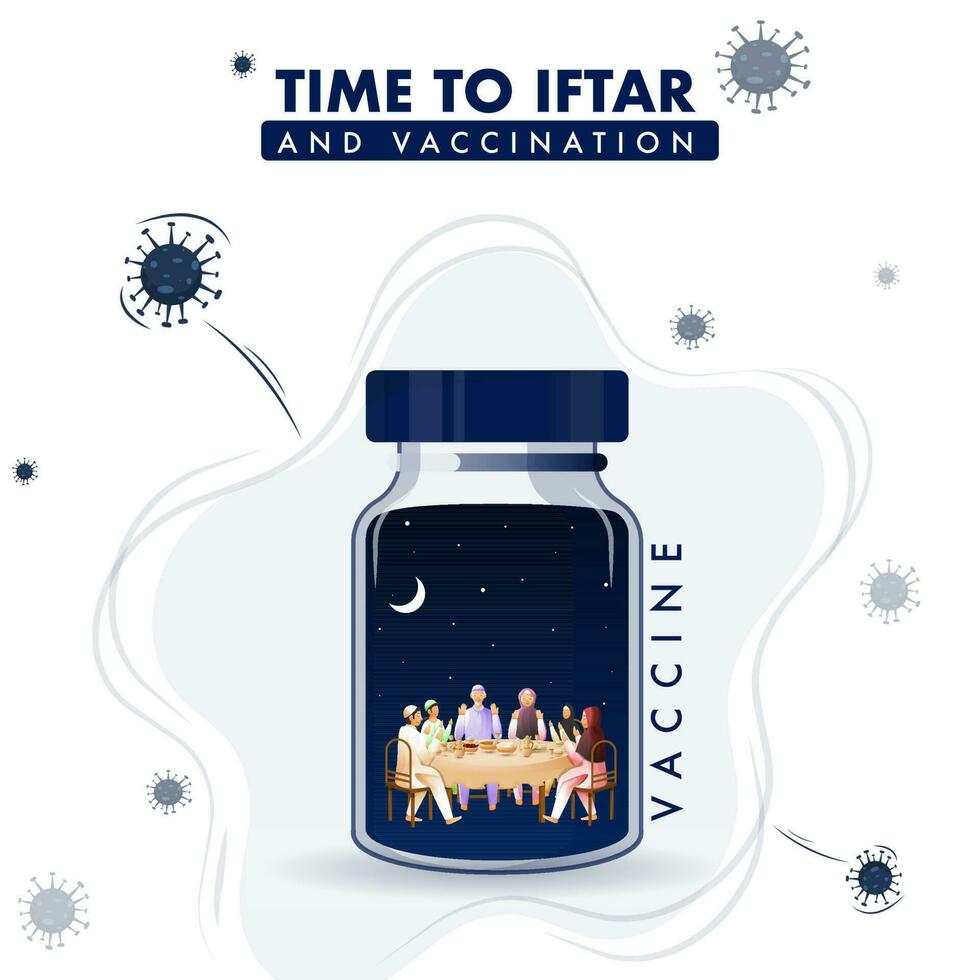 hora a iftar y vacunación concepto establecido póster diseño con vacuna botella en corona virus efecto antecedentes. vector