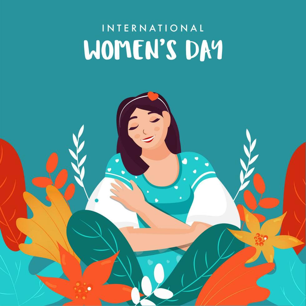 International Women's Day Poster Design with Young Girl Character and Nature View on Turquoise Background. vector