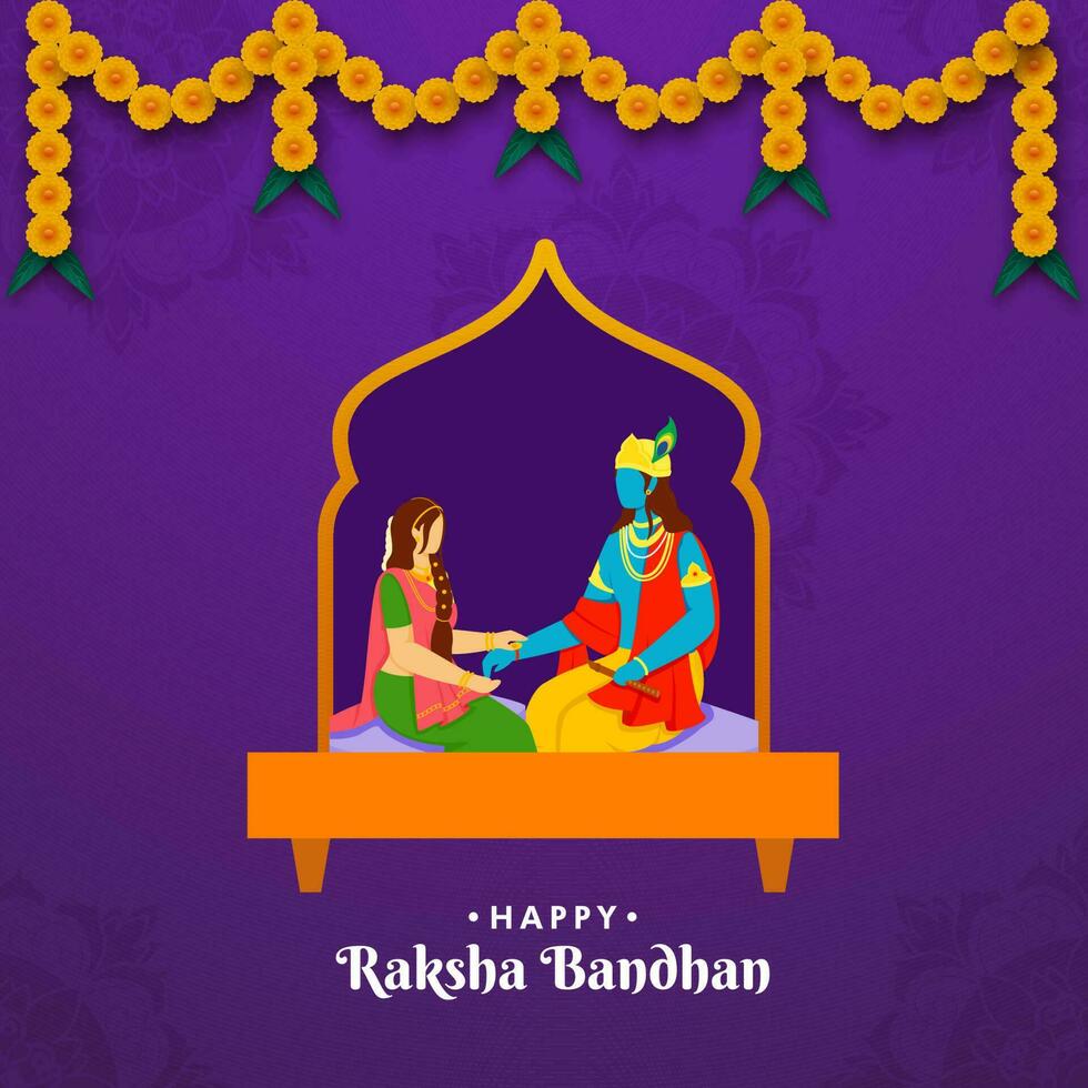 Illustration Of Subhadra Tying Rakhi To Krishna On Purple Background For Happy Raksha Bandhan Celebration. vector