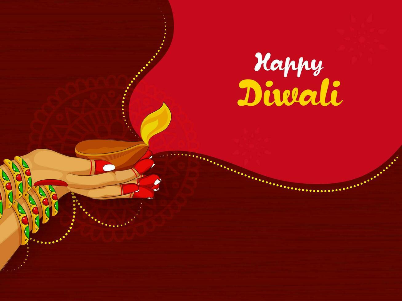 Happy Diwali Concept With Indian Female Hands Holding Lit Oil Lamp On Red Texture Background. vector