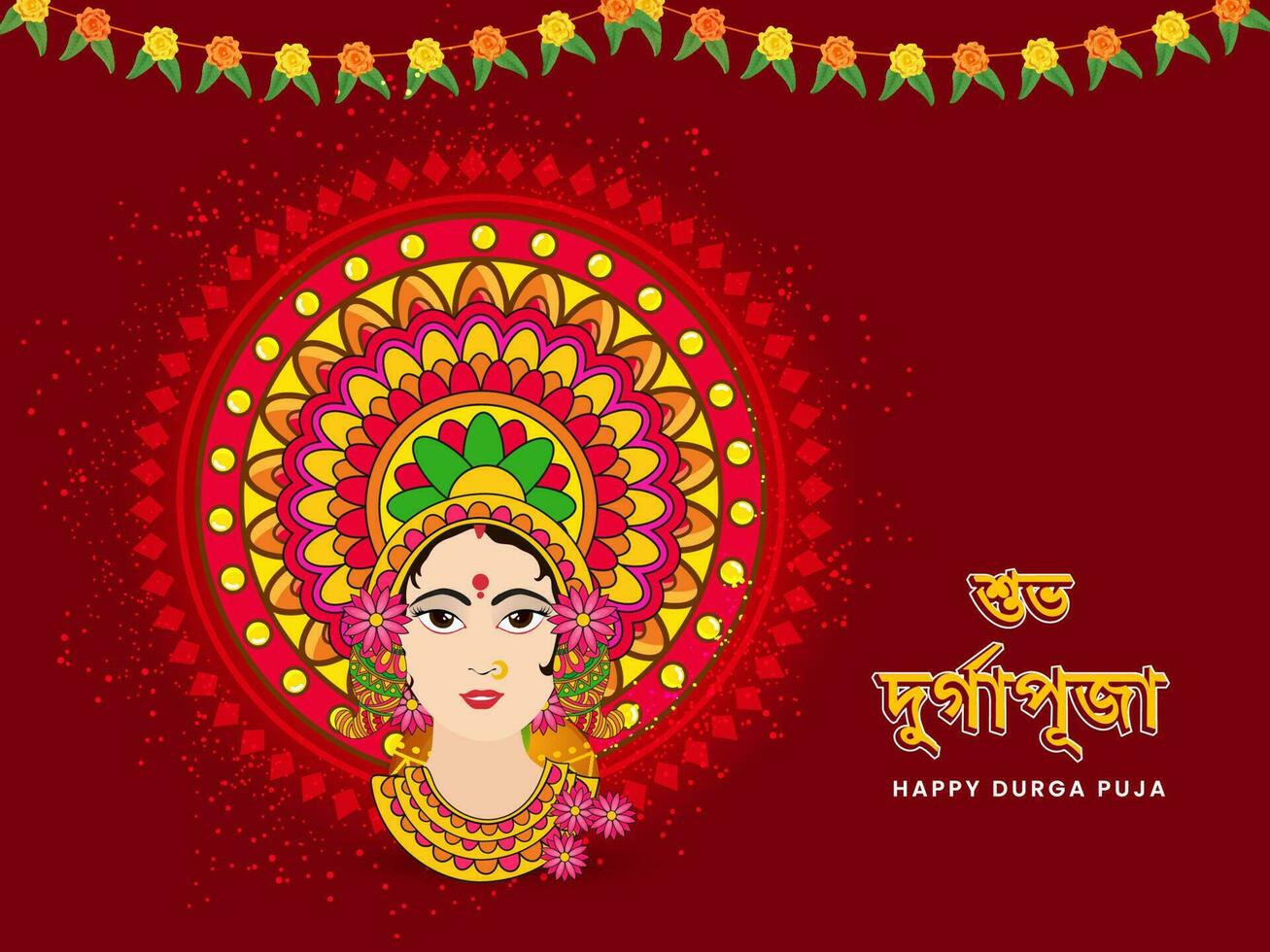 Bengali Lettering Of Happy Durga Puja Font With Goddess Durga Maa Face And Floral Garland On Red Background. vector