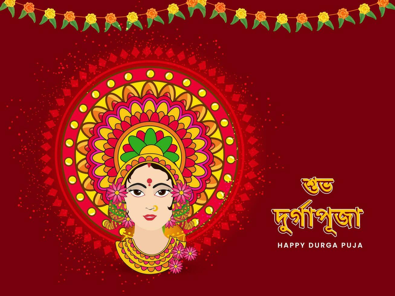 bengalí letras de contento Durga puja fuente con diosa Durga maa cara y floral guirnalda en rojo antecedentes. vector