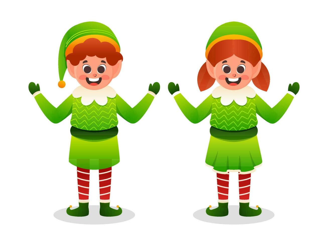Cheerful Elf Boy And Girl Standing On White Background. vector