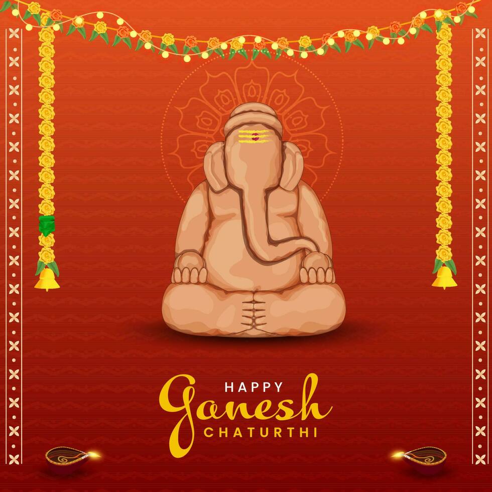 Happy Ganesh Chaturthi Celebration Concept With Lord Ganesha Statue Made By Soil On Orange Zigzag Lines Background. vector