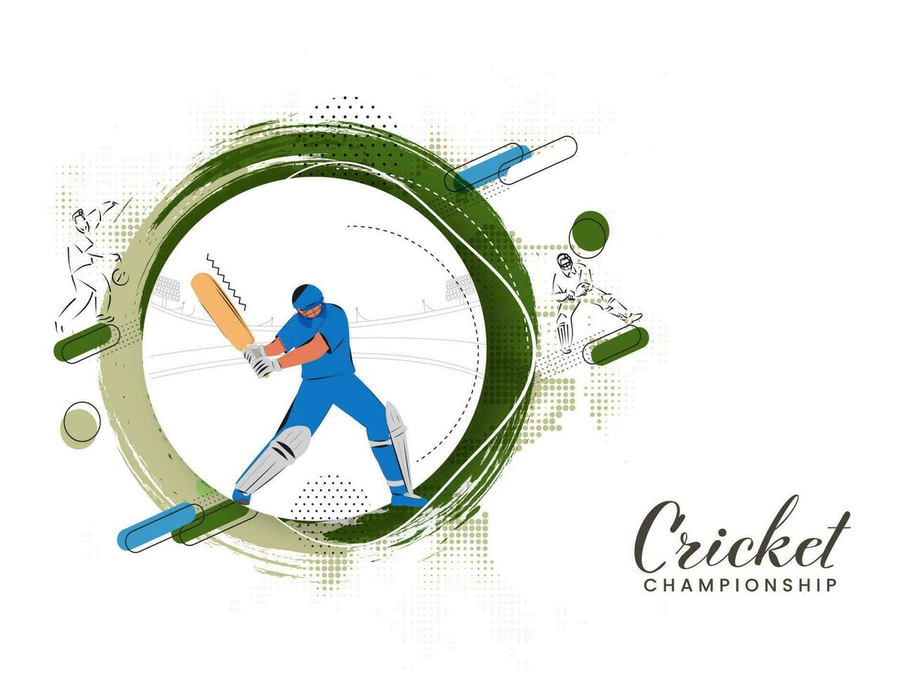 Cricket Championship Concept With Batsman Player In Playing Pose And Brush Effect Halftone On White Background. vector