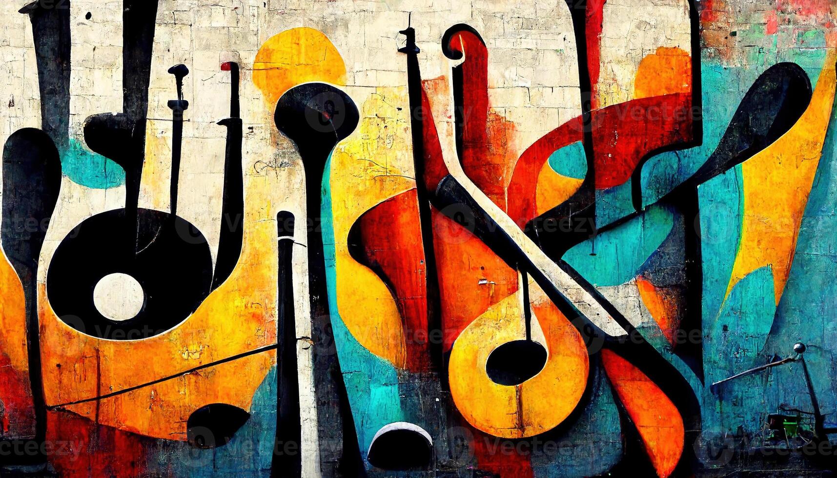 , Street art with keys and musical instruments silhouettes. Ink colorful graffiti art on a textured paper vintage background, inspired by Banksy photo