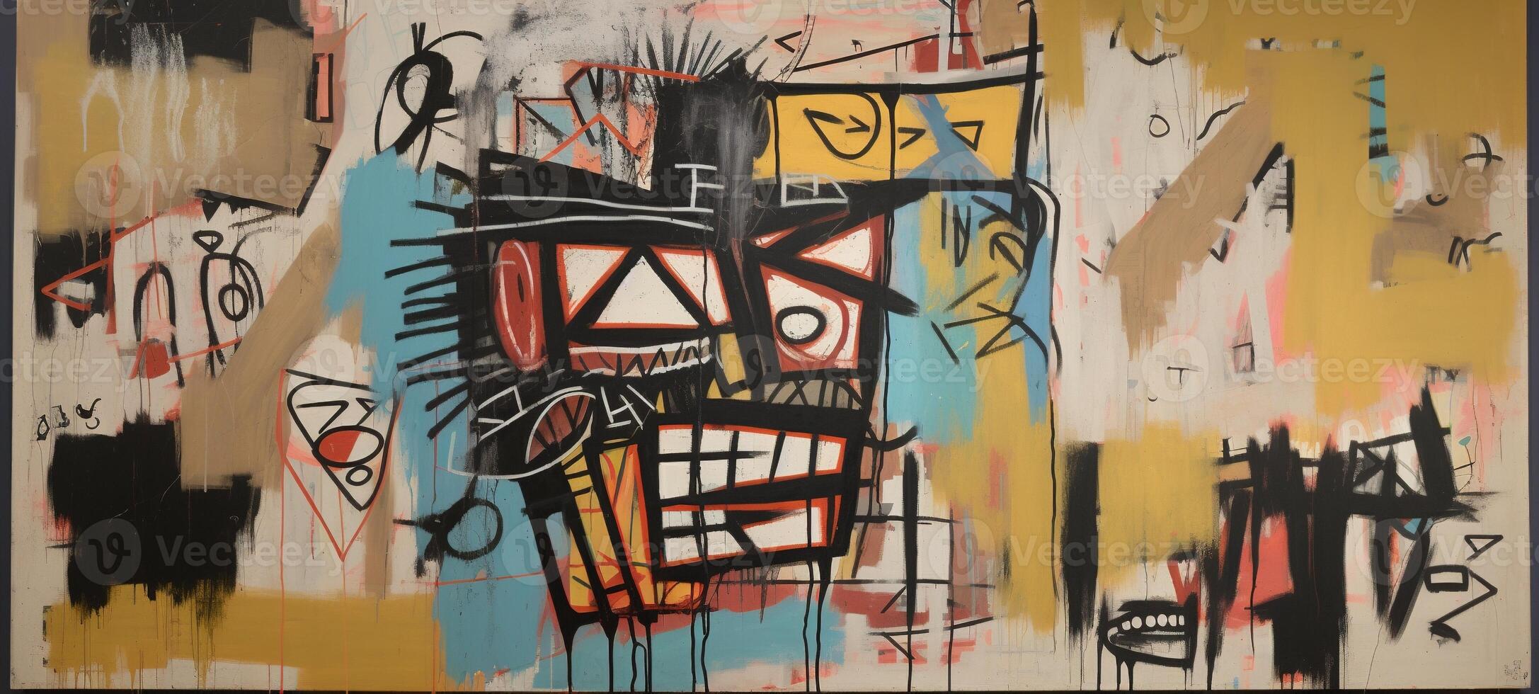 , street graffiti abstract art with ugly face on a textured wall vintage background, inspired by Jean-Michel Basquiat, New York urban style. photo