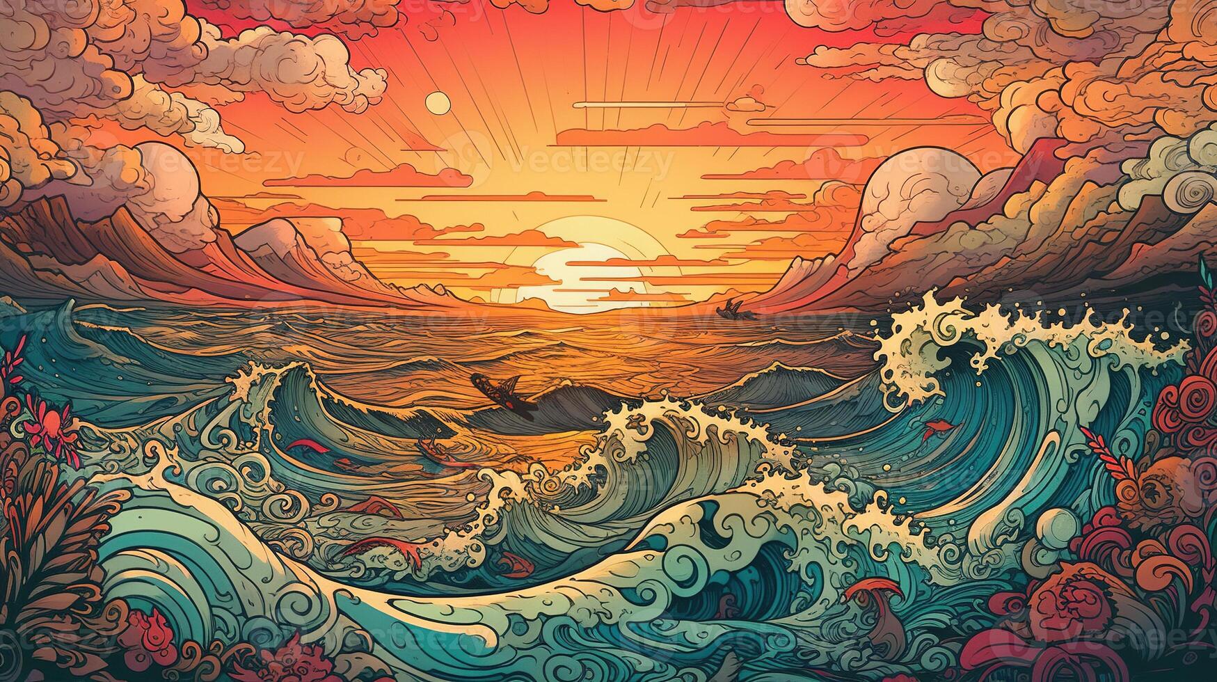 , ocean in the sunset linear illustration, psychedelic manga style, highly detailed. Anime colorful style photo