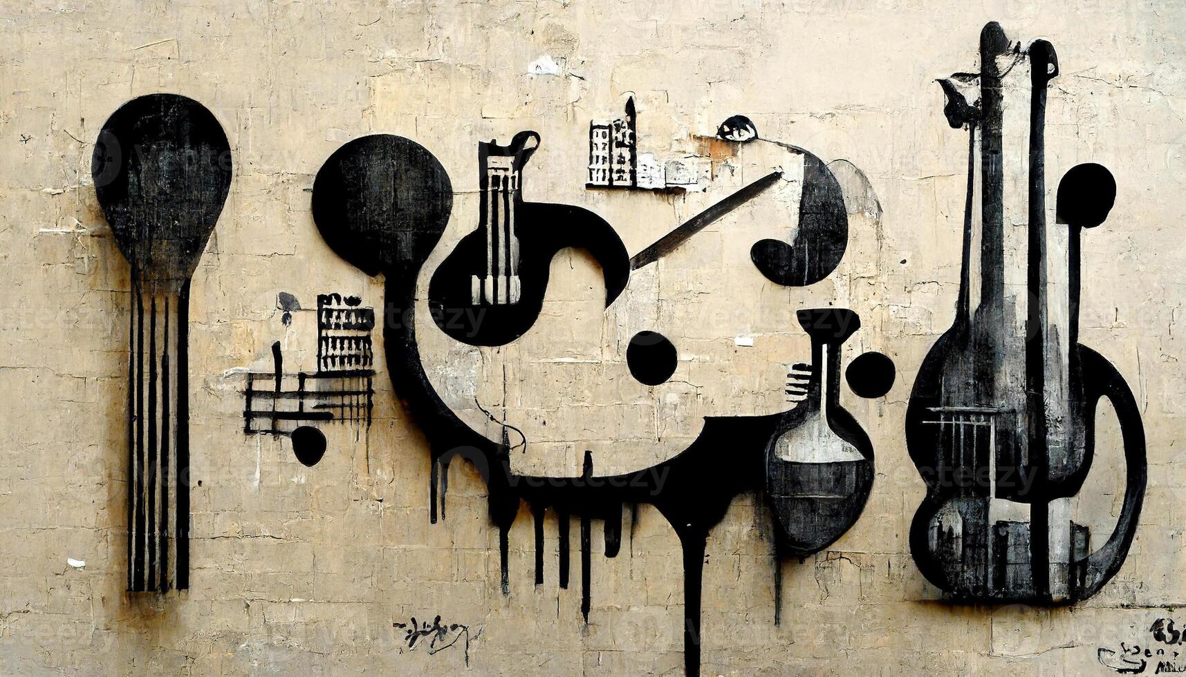 , Abstract Street art with keys and musical instruments silhouettes. Ink colorful graffiti art on a textured paper vintage background, inspired by Banksy photo