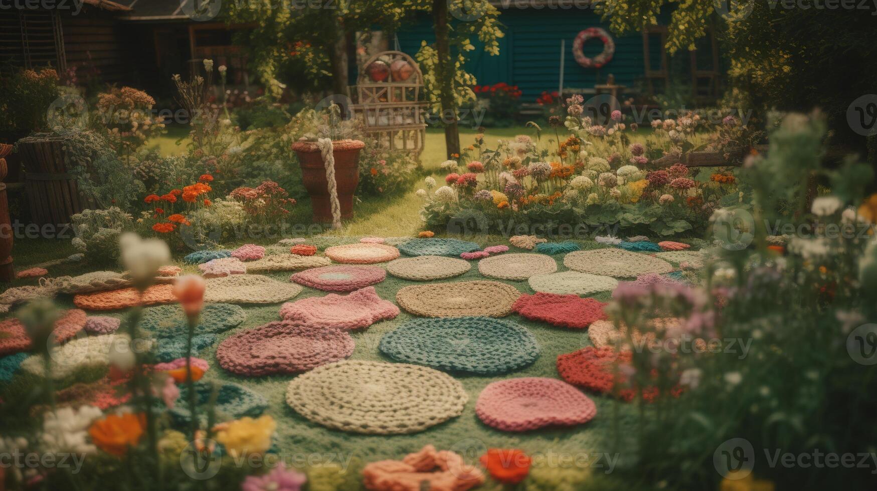 , cute garden made of crochet, plants, trees, flowers. Soft colors, dreamy scene landscape made of crochet materials, wool, fabric, yarn, sewing for background photo