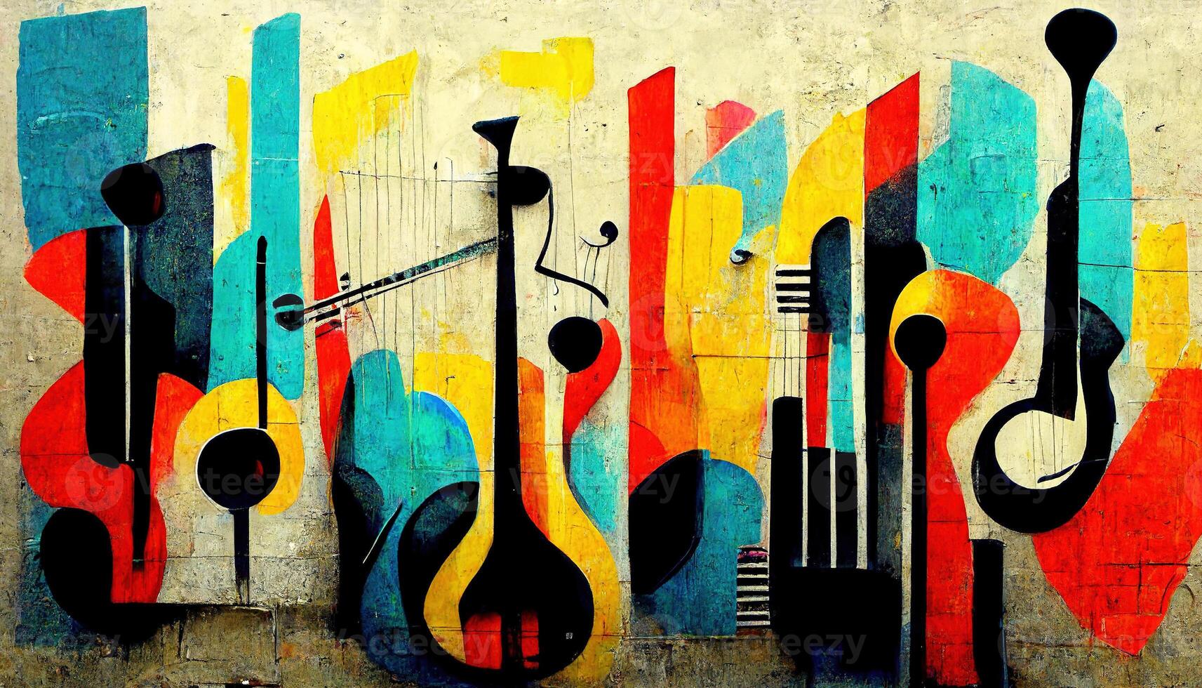 , Street art with keys and musical instruments silhouettes. Ink colorful graffiti art on a textured paper vintage background, inspired by Banksy photo