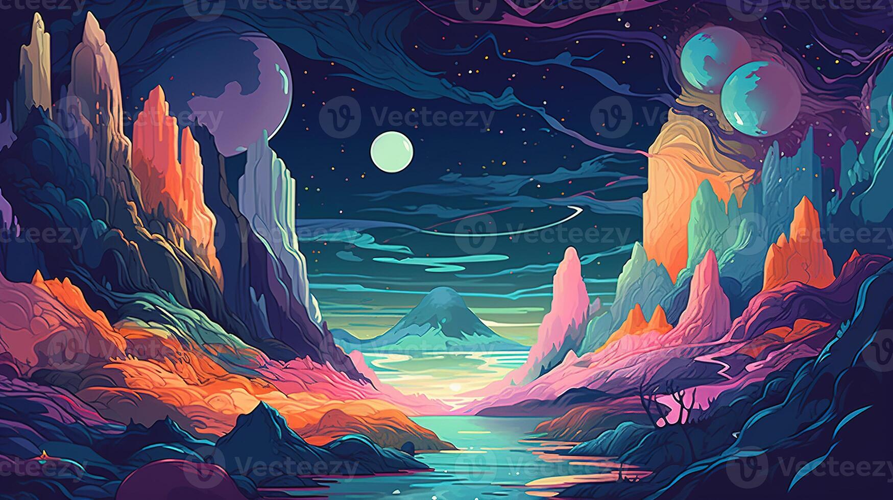 , Psychedelic Space banner template in anime manga line art style. Horizontal illustration of the future landscape with mountains, planets, trees, moon. Surrealist escapism concept. photo