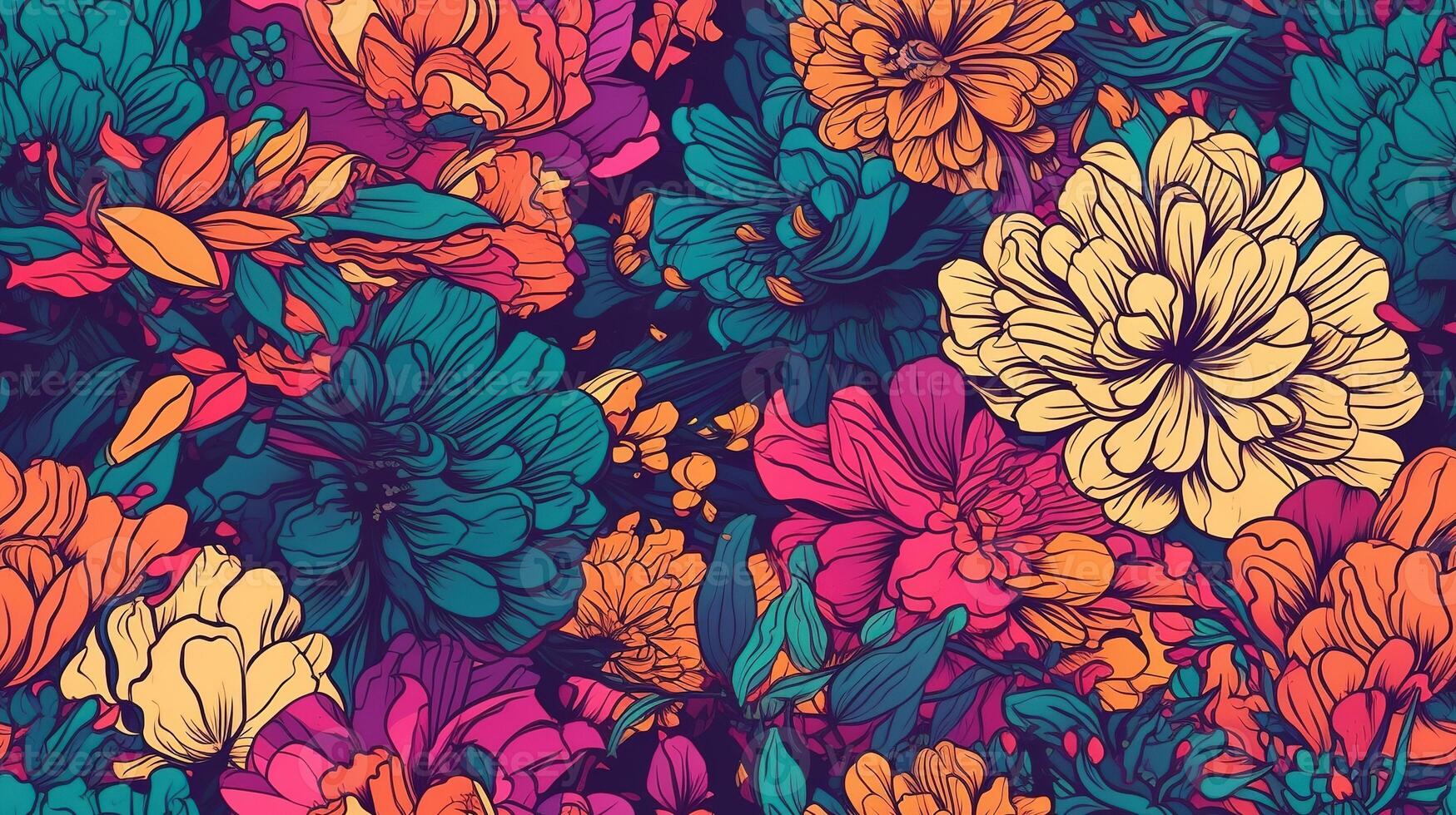 , Floral colorful seamless pattern. Lisa Frank and James Jean inspired natural plants and flowers background, Psychedelic illustration. Foliage ornament. photo