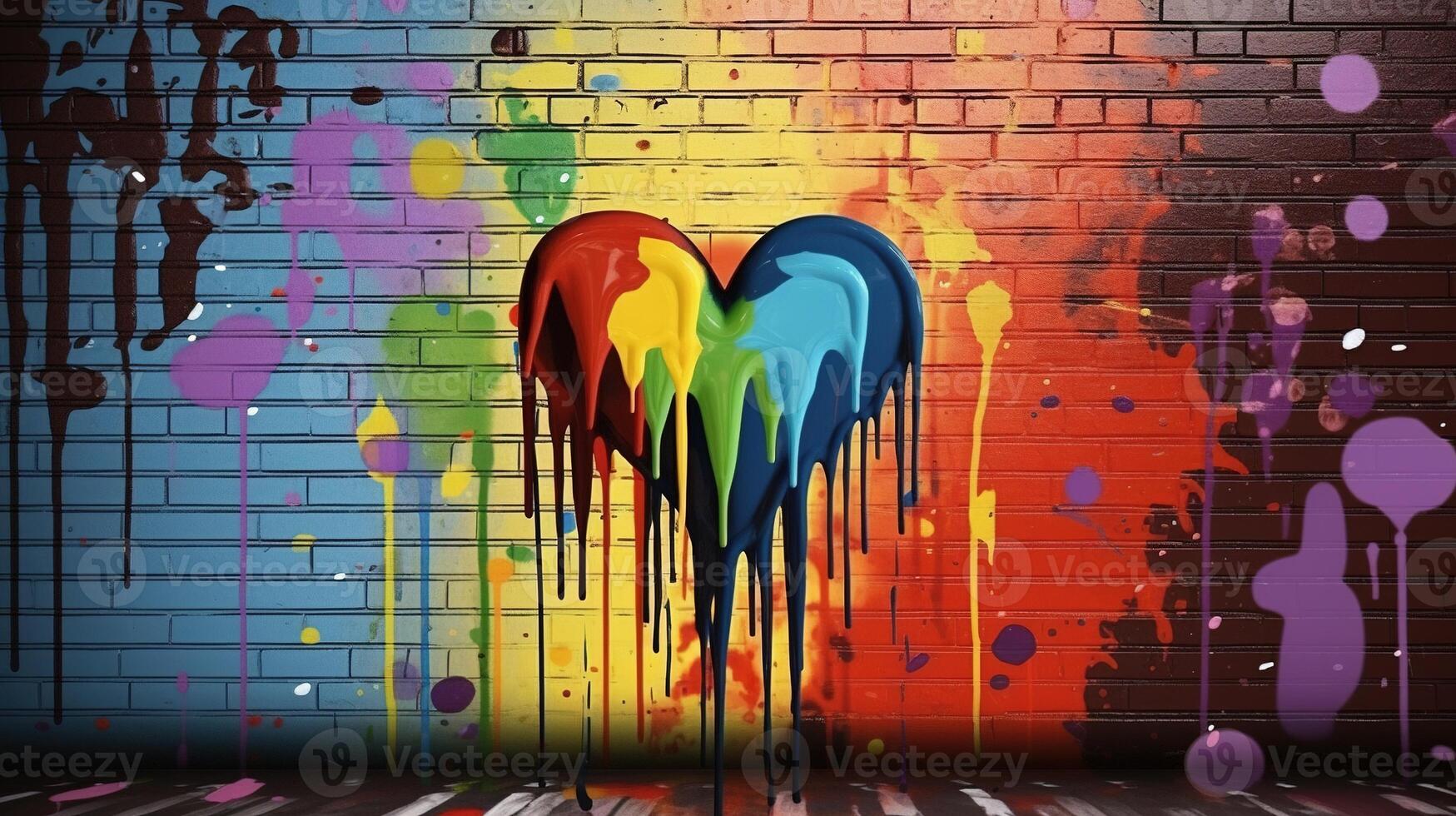 , Colorful heart as graffiti love symbol on the wall, street art. Melted paint. photo