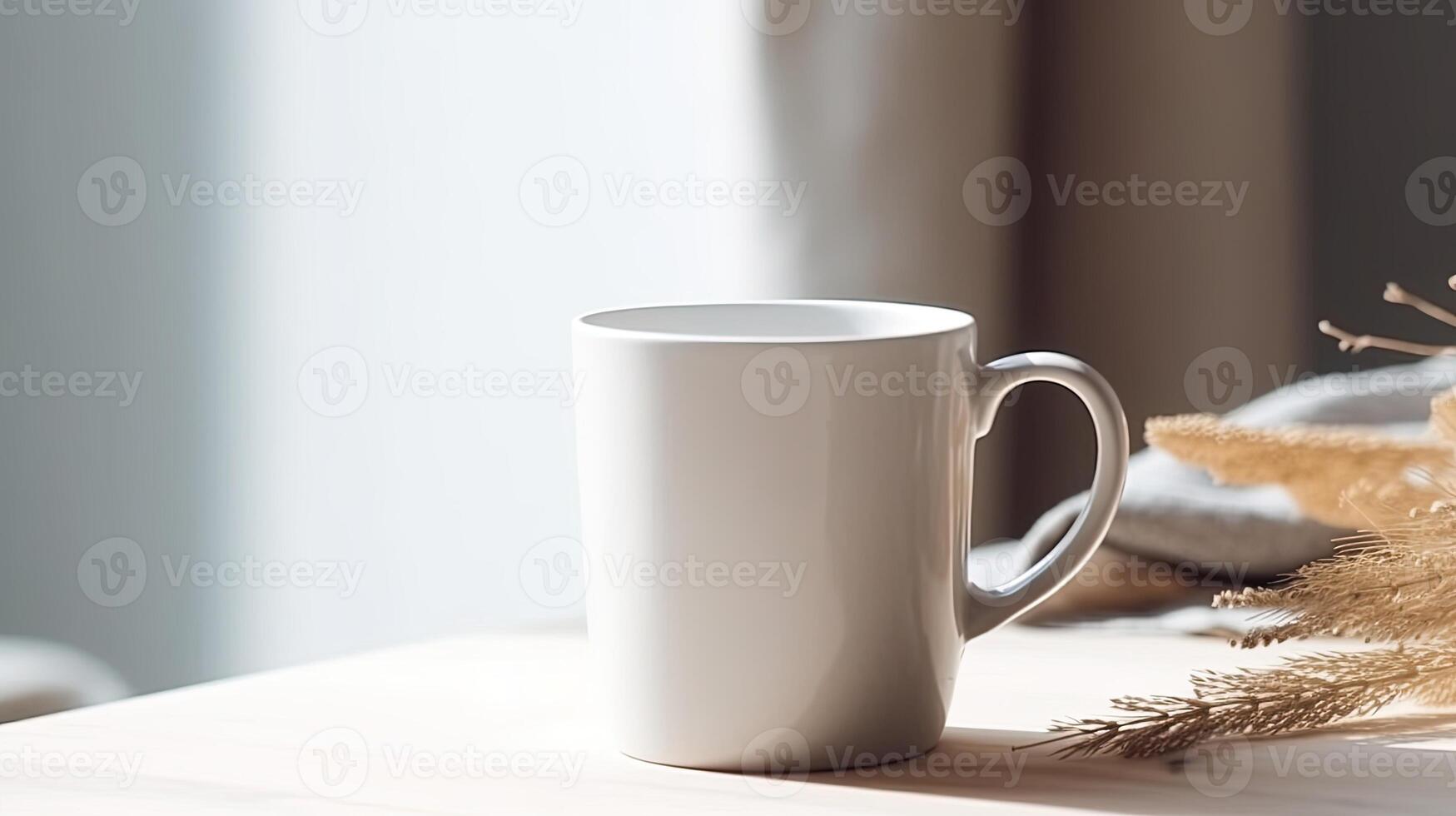 , White ceramic cup set-up in at home interior, mug mock up blank. photo
